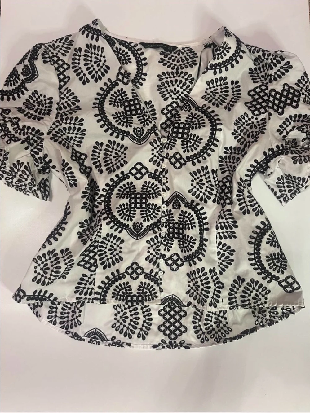 Zara Black & White Embroidered-Pattern V-Neck Blouse